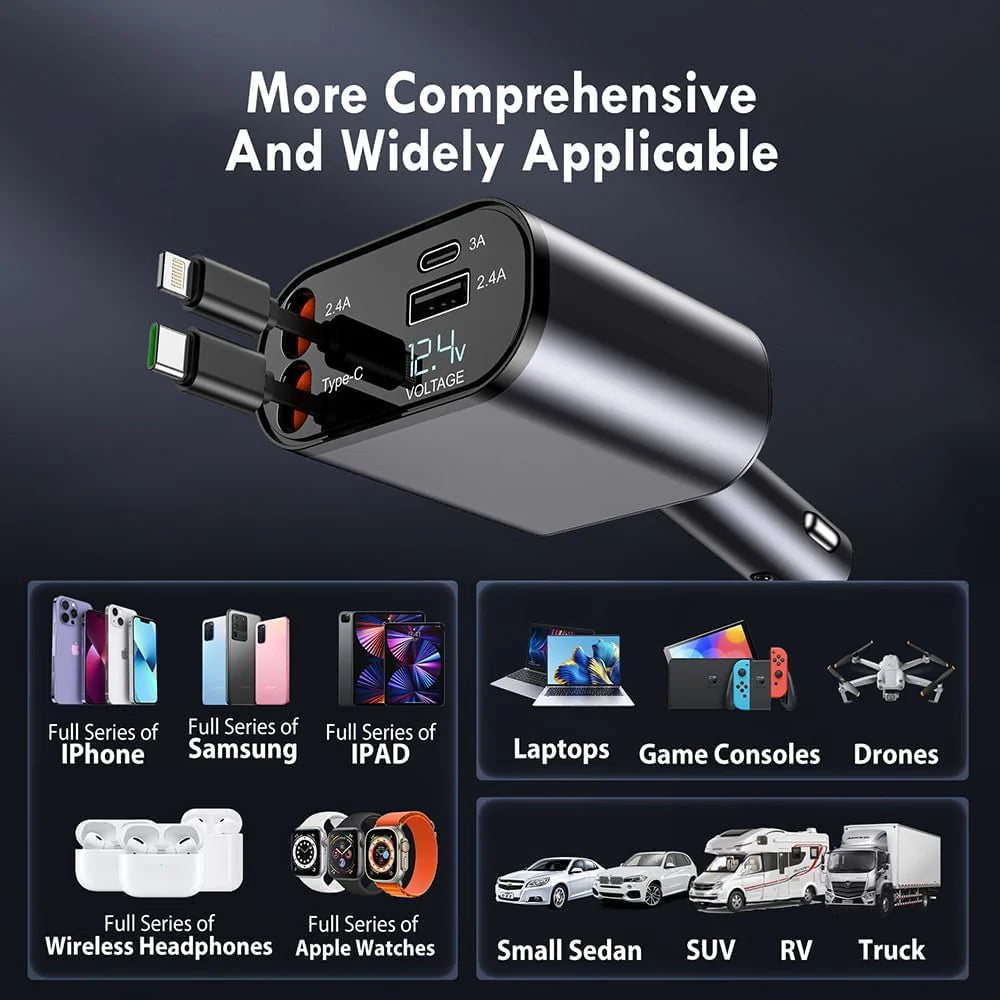 4-in-1 Retractable Car Charger | Fast Charging for All Devices