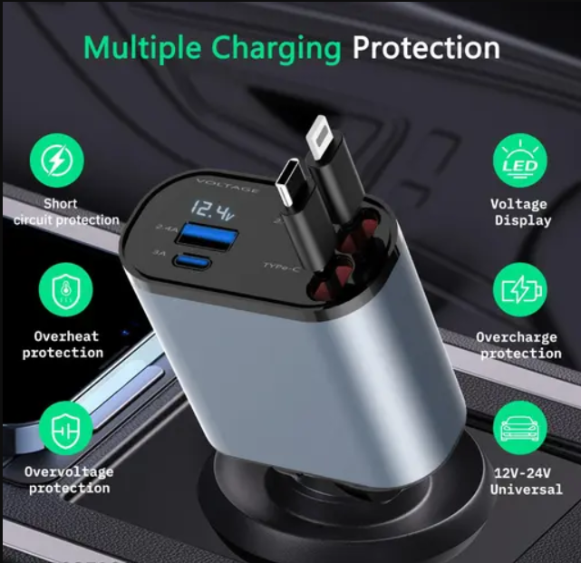 4-in-1 Retractable Car Charger | Fast Charging for All Devices