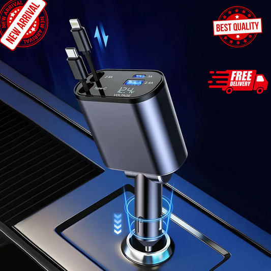 4-in-1 Retractable Car Charger | Fast Charging for All Devices